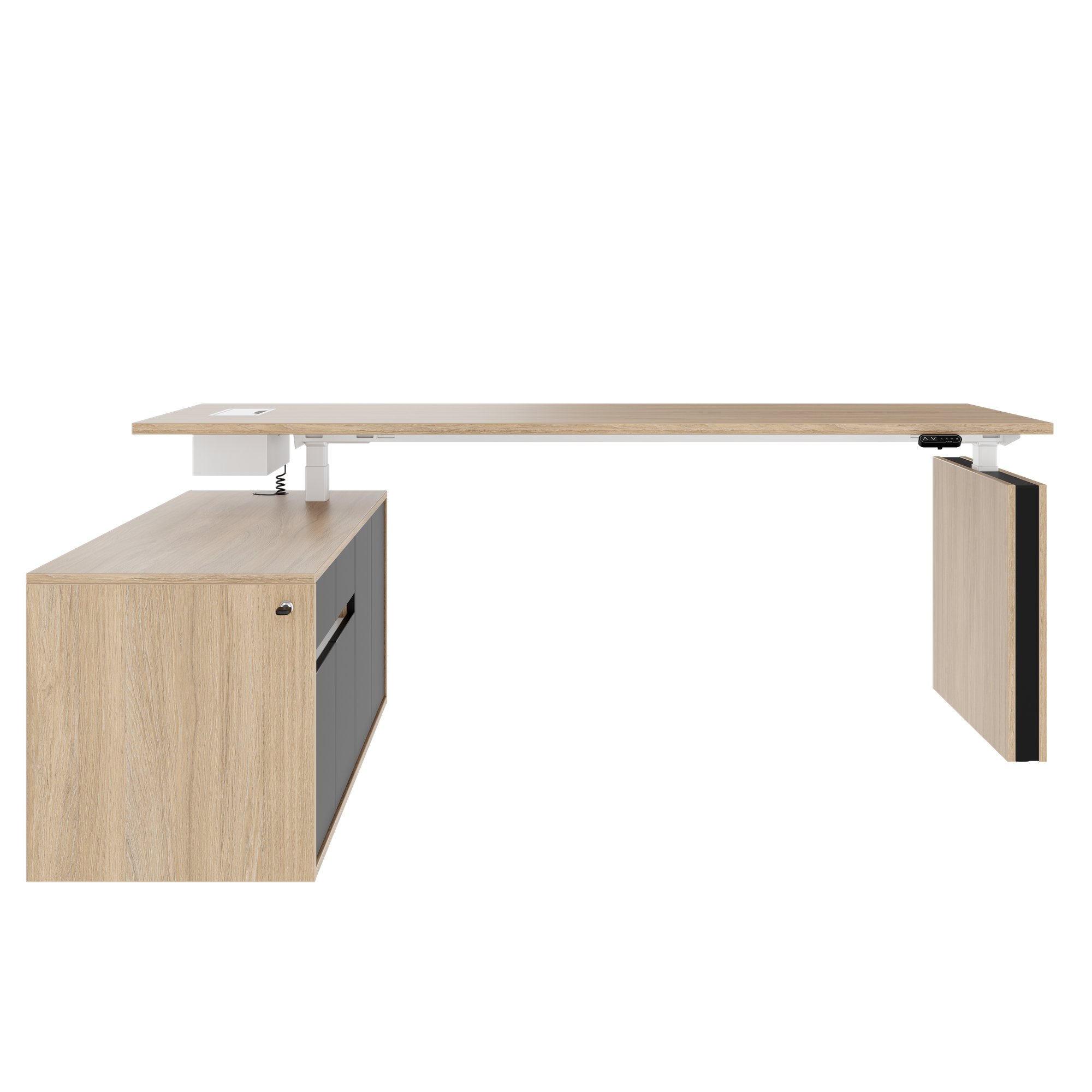 MOTION 2 motor desk with sideboard | Electrically height adjustable, 2000 x 1800 mm, amber oak - 2 Main Image