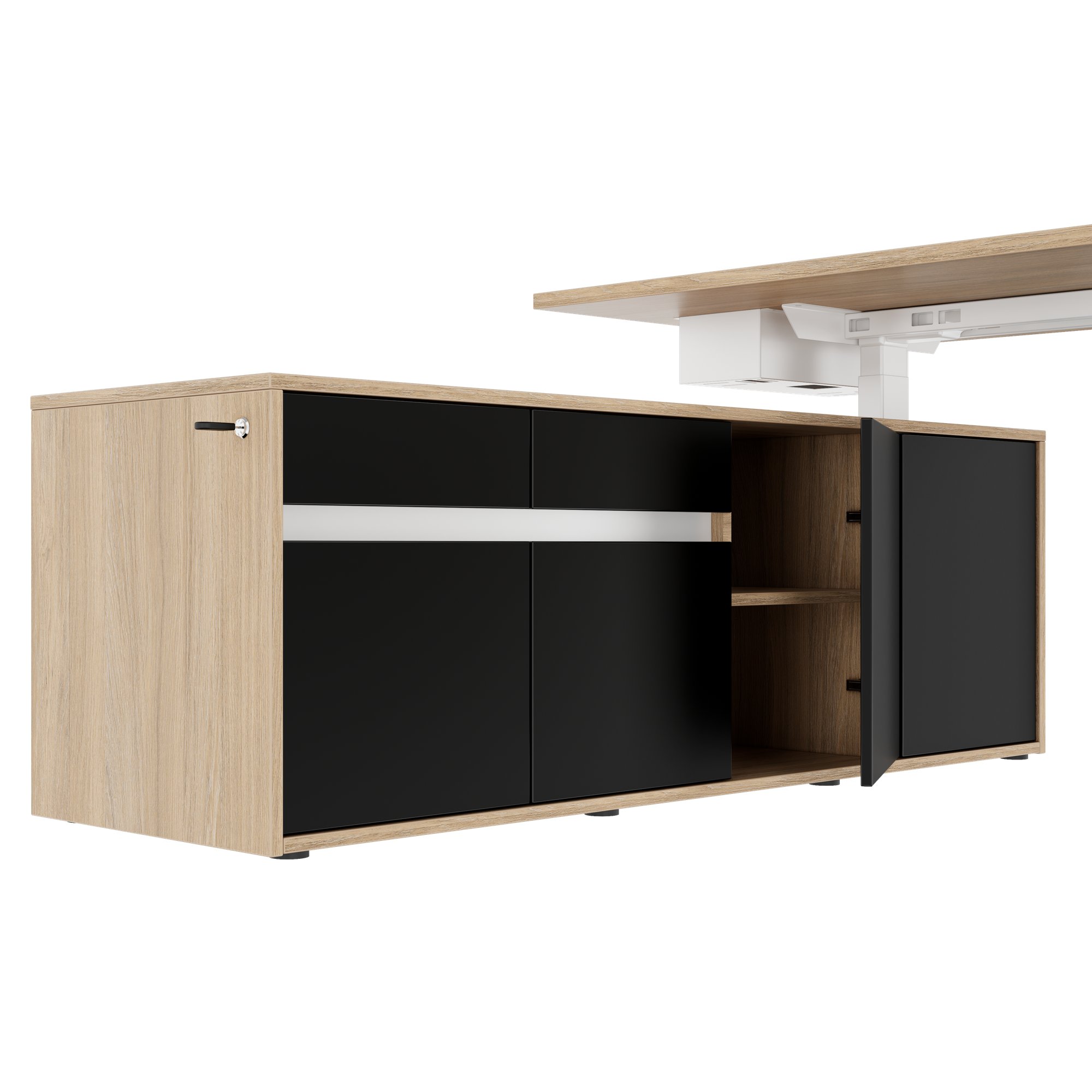 MOTION 2 motor desk with sideboard | Electrically height adjustable, 2000 x 1800 mm, amber oak - 6 Main Image