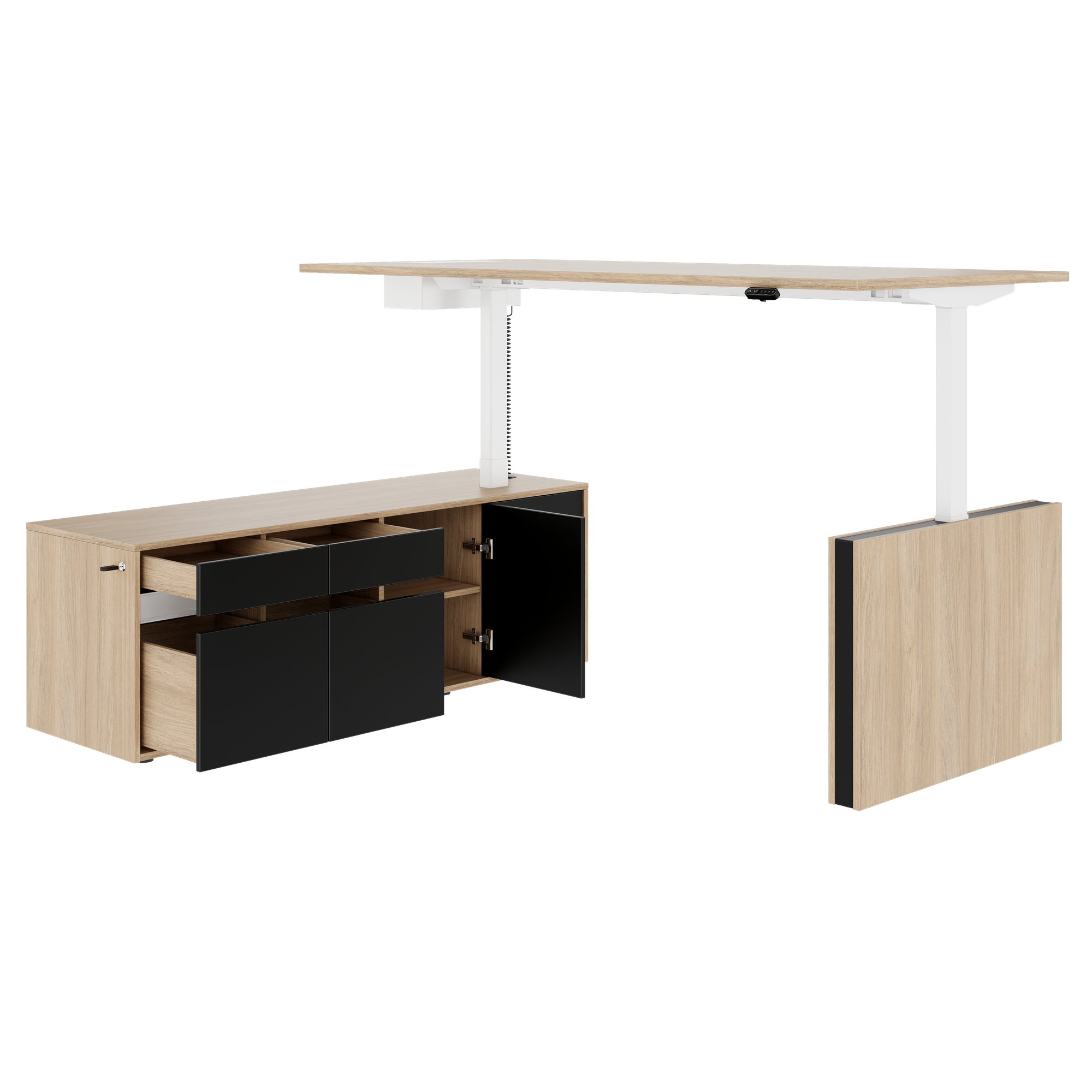 MOTION 2 motor desk with sideboard | Electrically height adjustable, 2000 x 1800 mm, amber oak - 7 Main Image