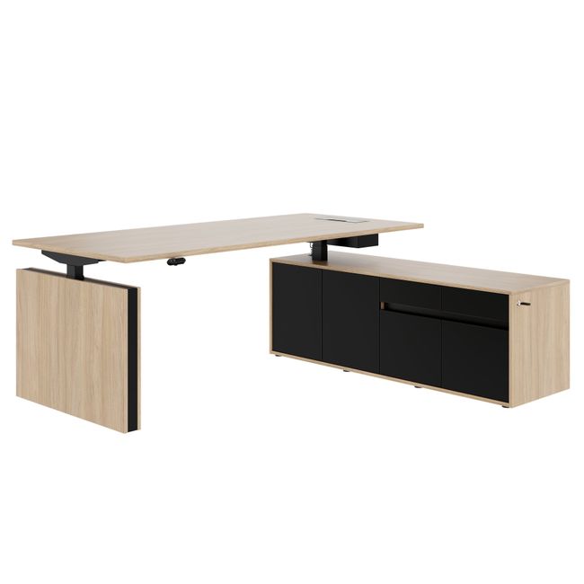 MOTION 2-Motoren-Schreibtisch mit Sideboard | Elektrisch höhenverstellbar, 2000 x 1800 mm, Bernsteineiche
