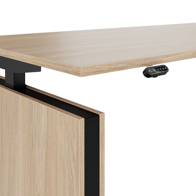 MOTION 2-Motoren-Schreibtisch mit Sideboard | Elektrisch höhenverstellbar, 2000 x 1800 mm, Bernsteineiche