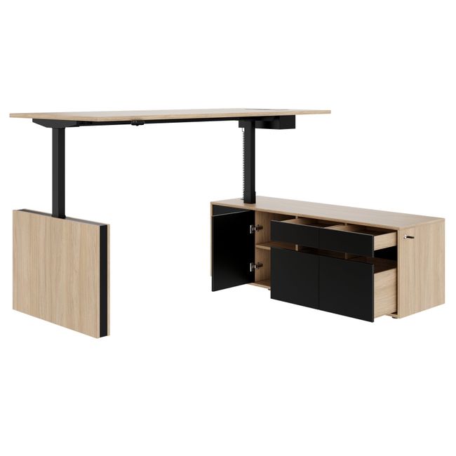 MOTION 2-Motoren-Schreibtisch mit Sideboard | Elektrisch höhenverstellbar, 2000 x 1800 mm, Bernsteineiche