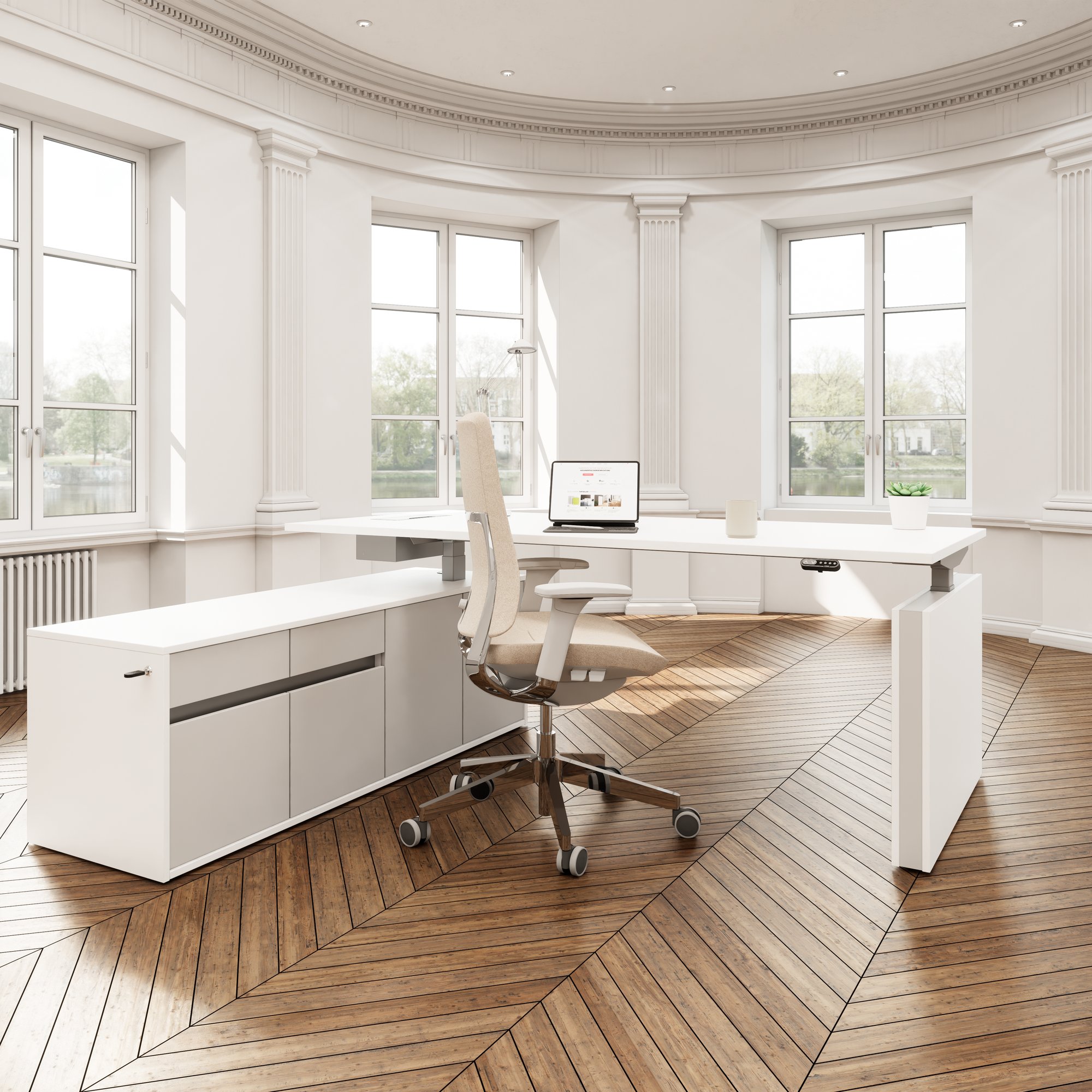 MOTION 2 motor desk with sideboard | Electrically height adjustable, 2000 x 1800 mm, white - 14 Main Image