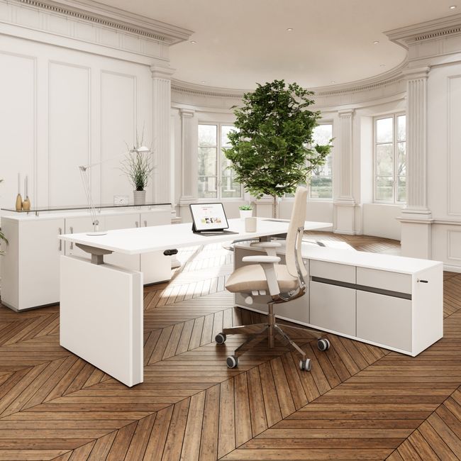 MOTION 2-Motoren-Schreibtisch mit Sideboard | Elektrisch höhenverstellbar, 2000 x 1800 mm, Weiß