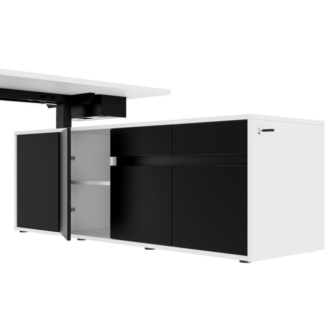 MOTION 2-Motoren-Schreibtisch mit Sideboard | Elektrisch höhenverstellbar, 2000 x 1800 mm, Weiß