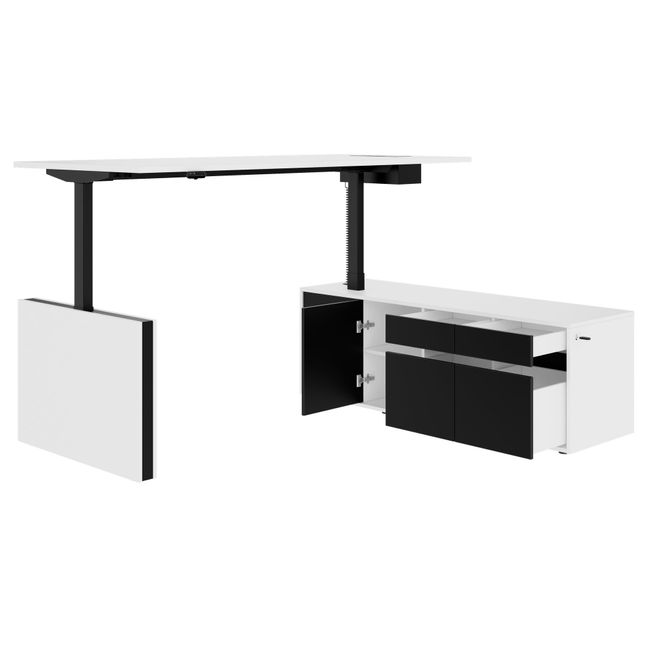 MOTION 2-Motoren-Schreibtisch mit Sideboard | Elektrisch höhenverstellbar, 2000 x 1800 mm, Weiß