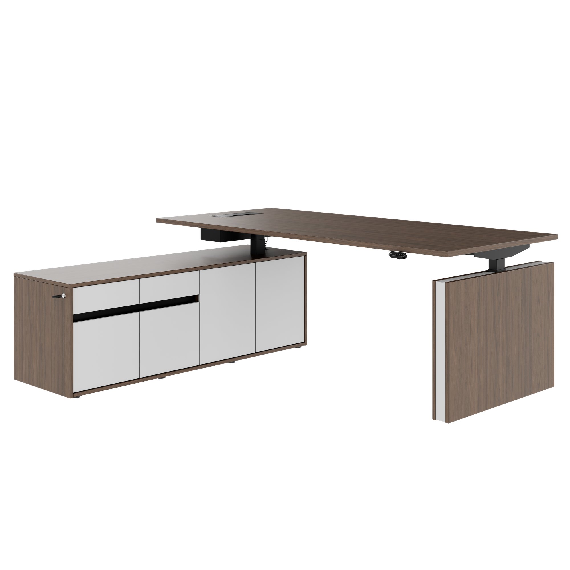MOTION 2 motor desk with sideboard | Electrically height adjustable, 2000 x 1800 mm, walnut - 1 Main Image