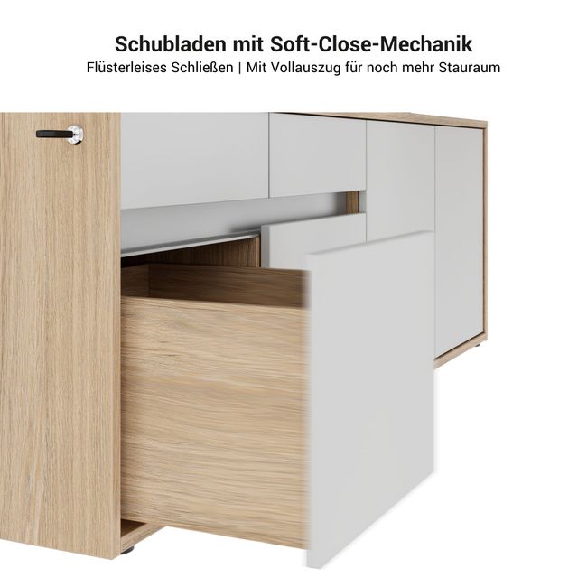 MOTION 2-Motoren-Schreibtisch mit Sideboard | Elektrisch höhenverstellbar, 2000 x 1800 mm, Nussbaum