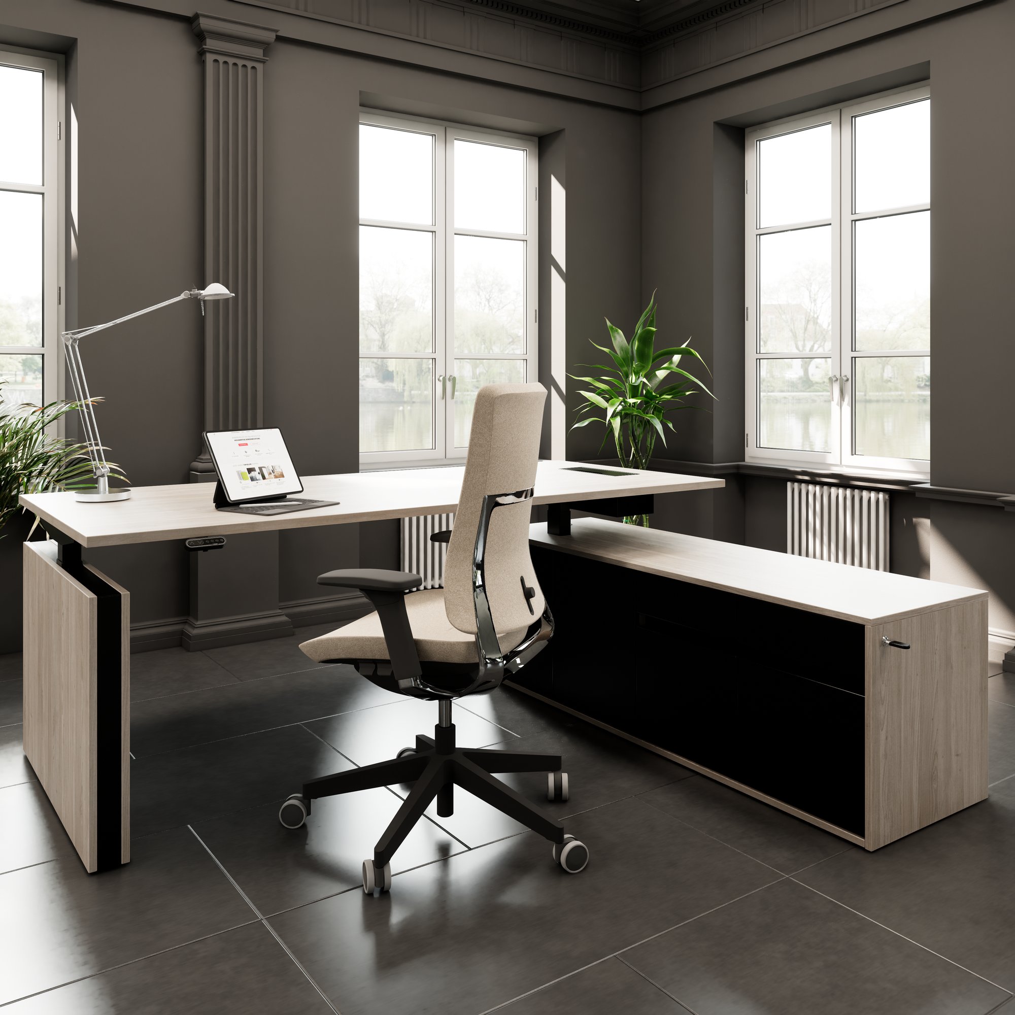 MOTION Bureau à 2 moteurs avec buffet | Réglable à hauteur électrique, 2000 x 1800 mm, gris de chêne nord - 15 Main Image