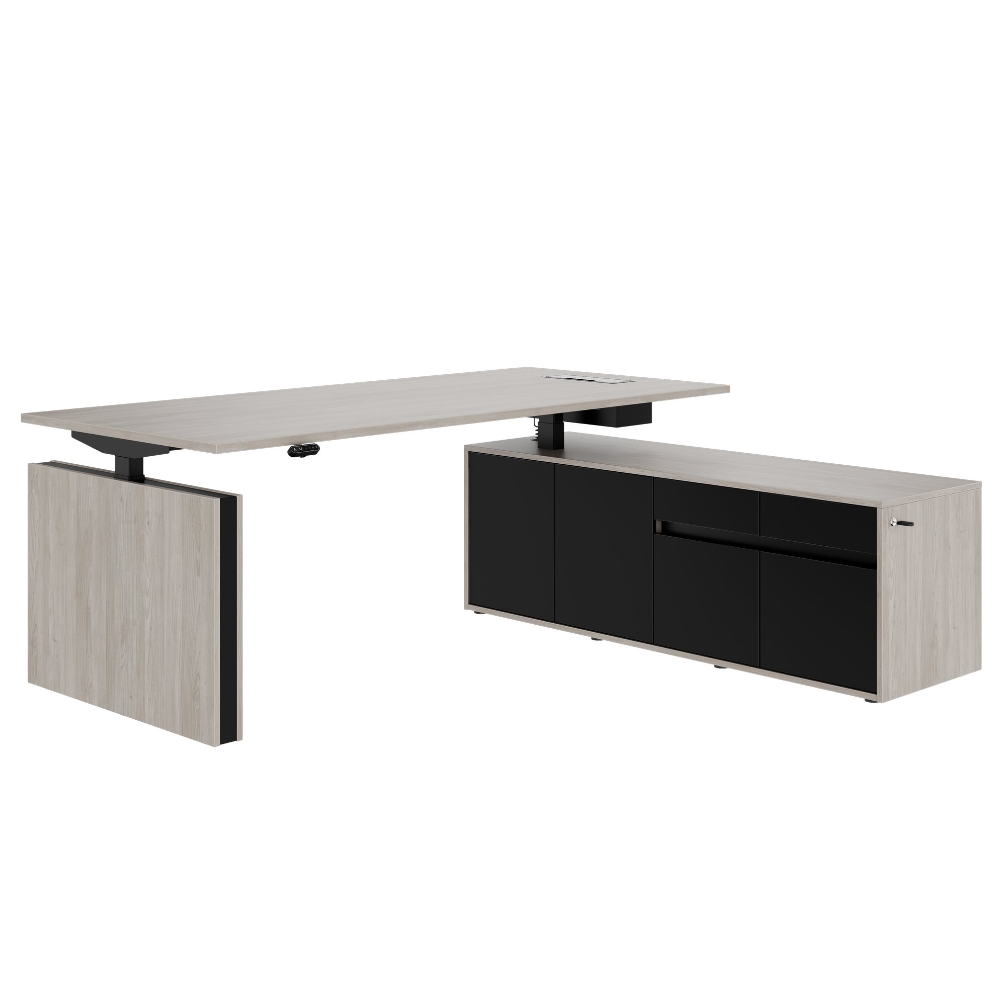 MOTION Bureau à 2 moteurs avec buffet | Réglable à hauteur électrique, 2000 x 1800 mm, gris de chêne nord - 1 Main Image