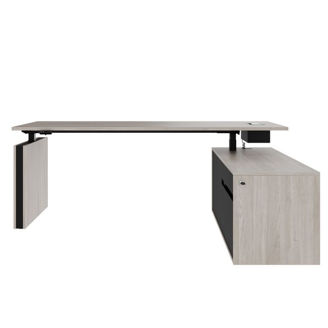 MOTION 2-Motoren-Schreibtisch mit Sideboard | Elektrisch höhenverstellbar, 2000 x 1800 mm, Nordeiche grau