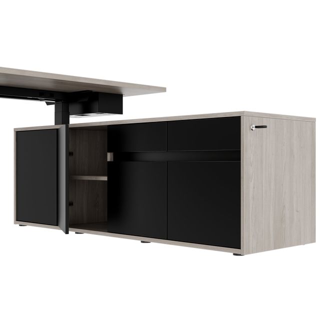 MOTION 2-Motoren-Schreibtisch mit Sideboard | Elektrisch höhenverstellbar, 2000 x 1800 mm, Nordeiche grau