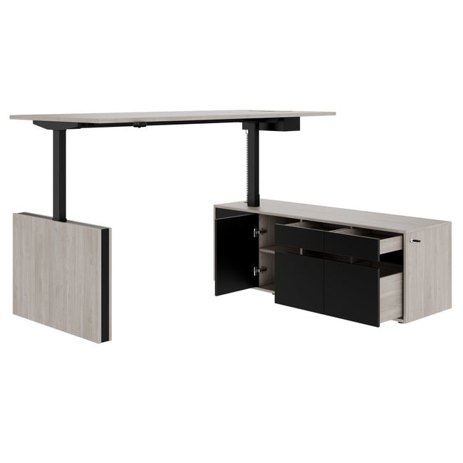 MOTION 2-Motoren-Schreibtisch mit Sideboard | Elektrisch höhenverstellbar, 2000 x 1800 mm, Nordeiche grau