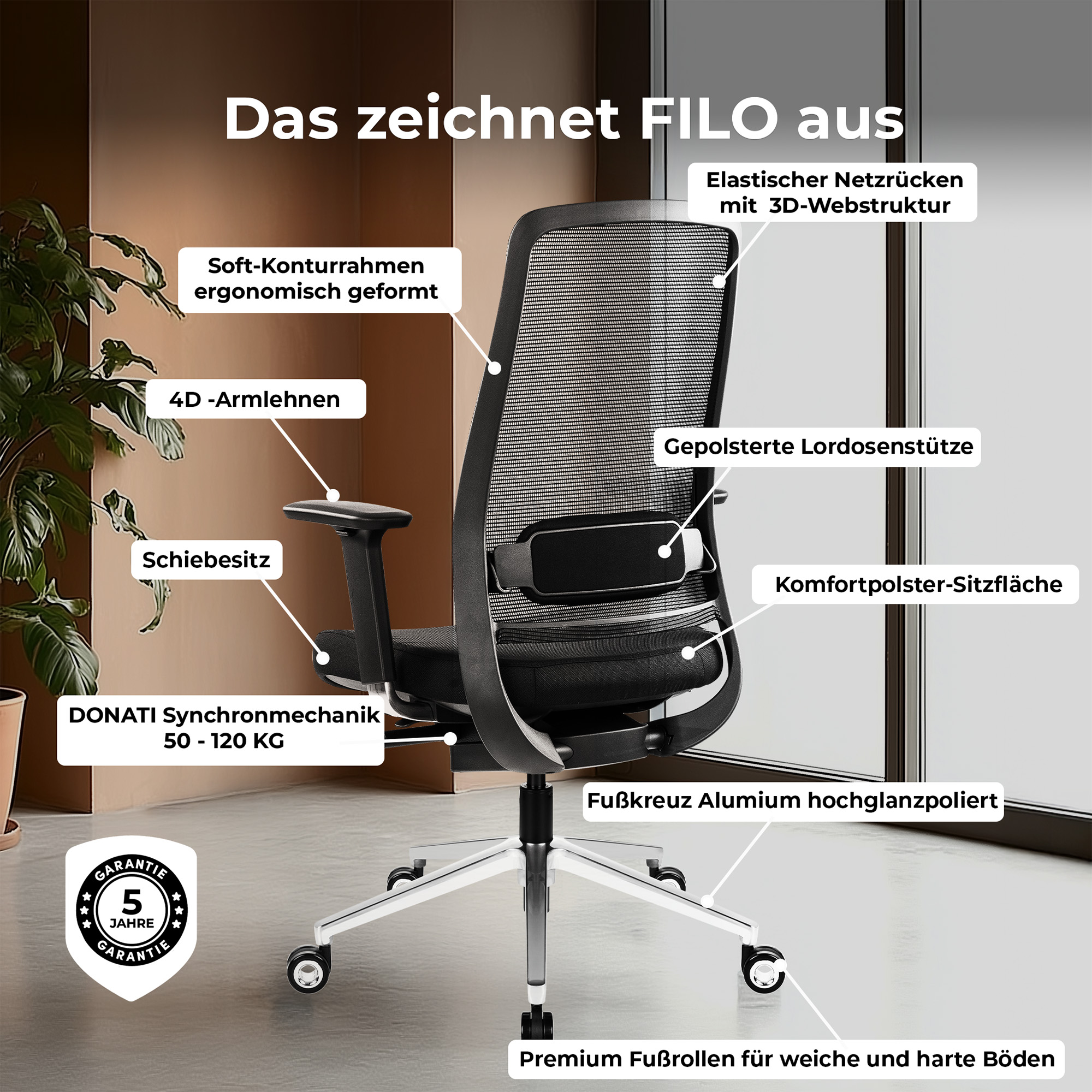 FILO 2.0 Bürodrehstuhl | Premium-Drehstuhl, Lordosenstütze, Netzrücken, 4D-Armlehnen, Grau - 12 Main Image