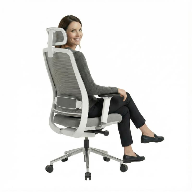 FILO 2.0 Bürodrehstuhl mit Kopfstütze | Lordosenstütze, Netzrücken, Grau 