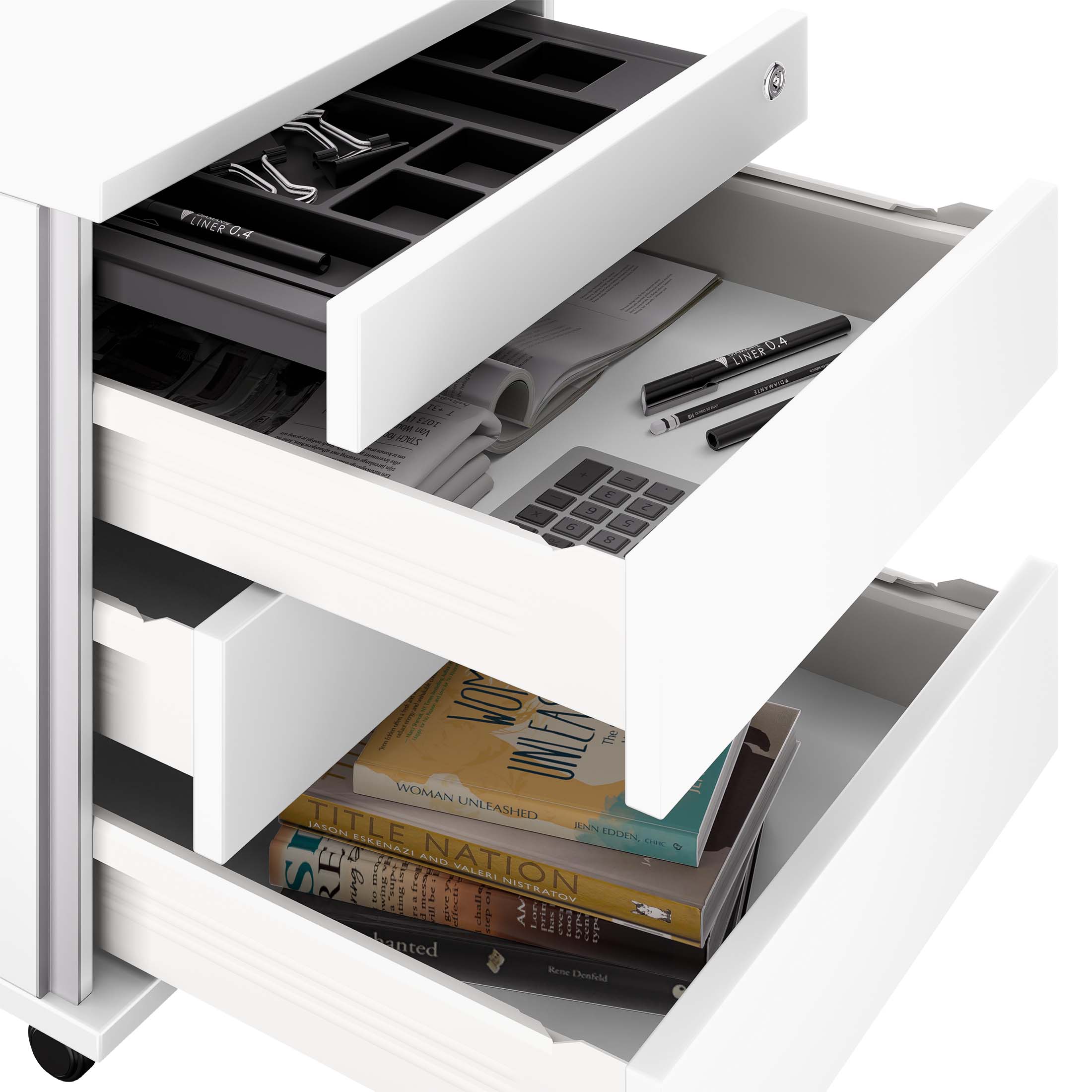 NOVA Roll container | 3 drawers + 1 small parts, 600 mm deep, white - 3 Main Image