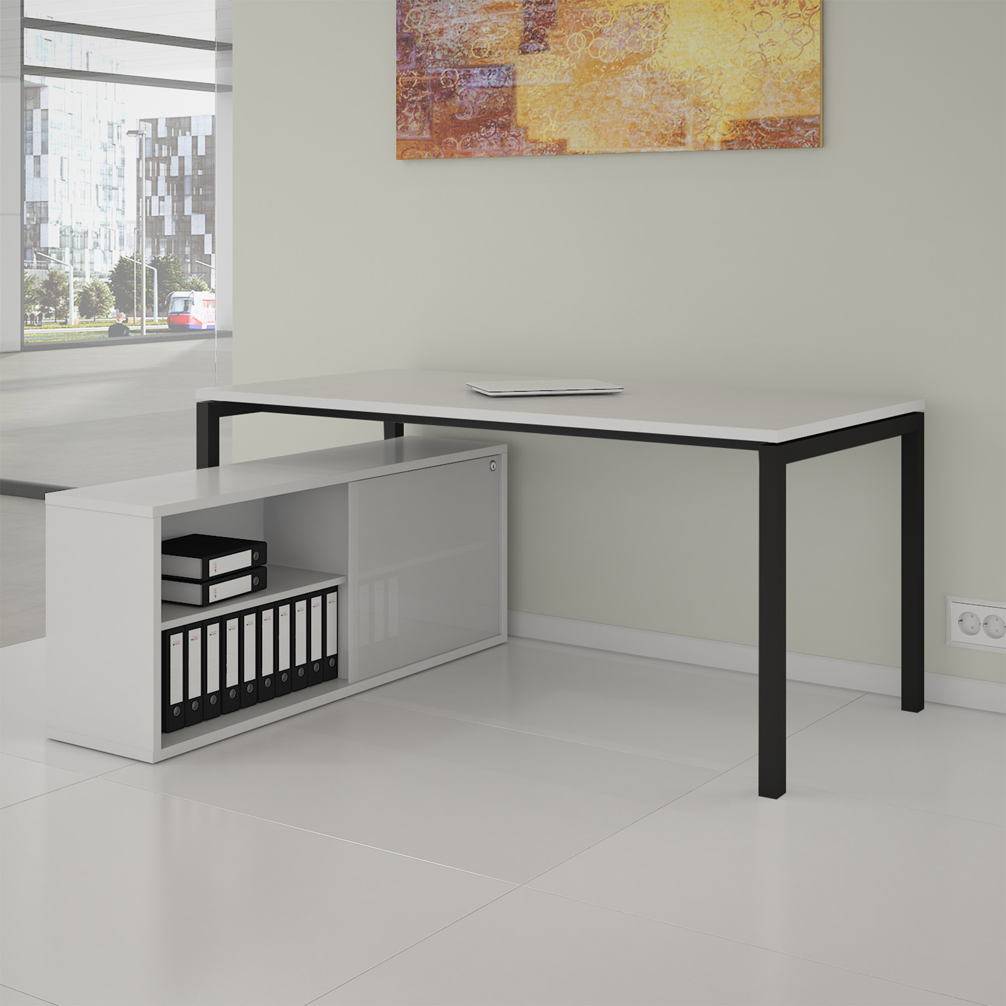 NOVA Executive desk with lowboard | 2000 x 1382 mm, white - 1 Main Image