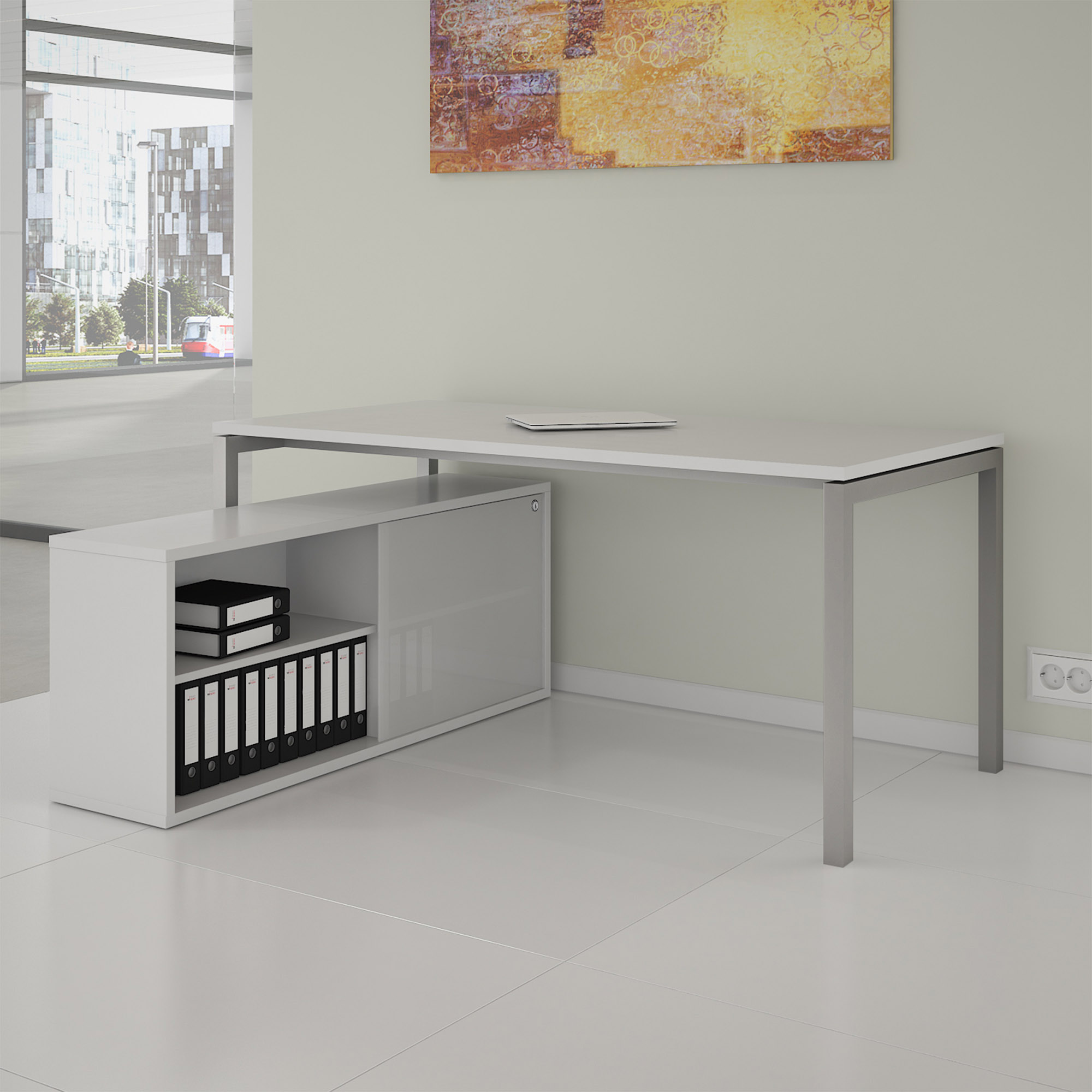 NOVA U Bureau en chef avec Lowboard | 2000 x 1382 mm, blanc - 1 Main Image