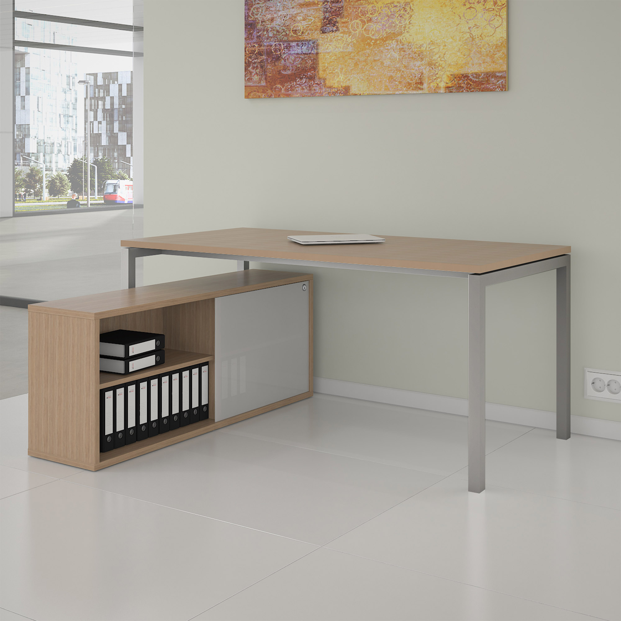 NOVA U Bureau en chef avec Lowboard | 2000 x 1382 mm, chêne ambre - 1 Main Image