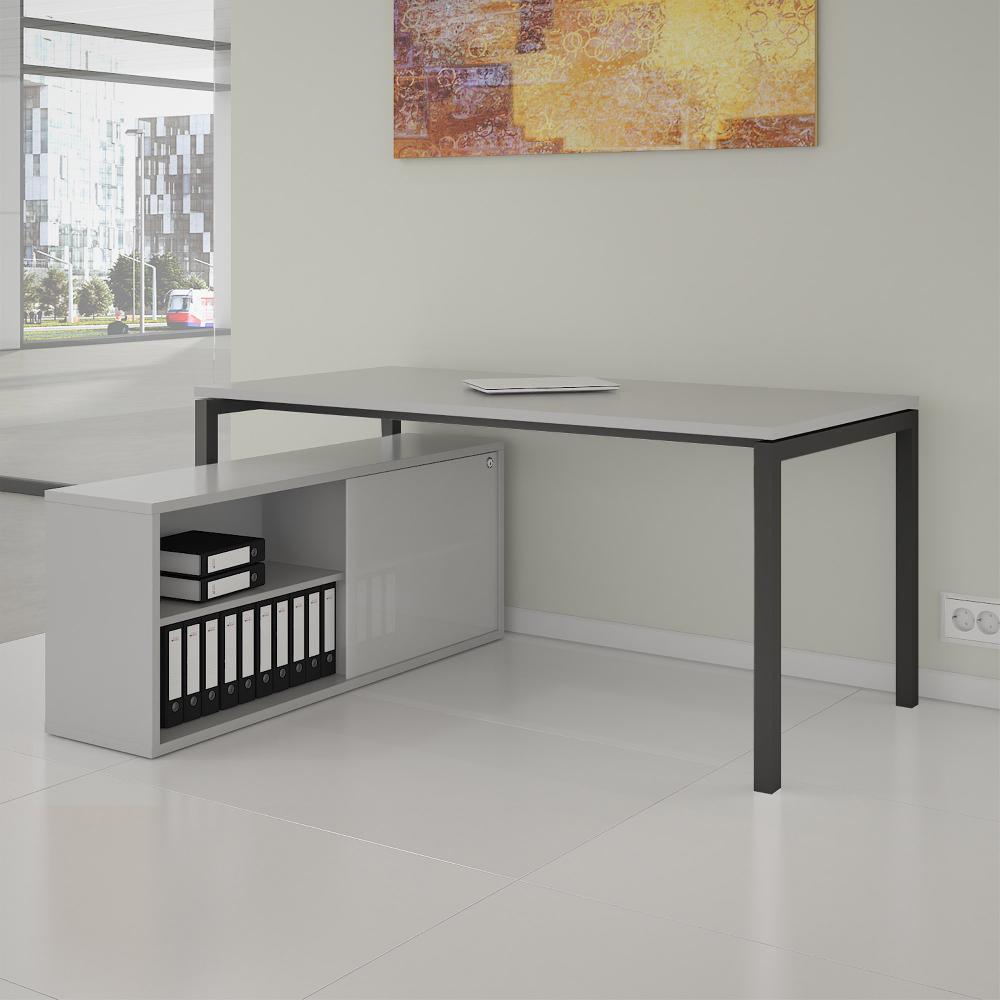 NOVA U Bureau en chef avec Lowboard | 2000 x 1382 mm, gris perlé - 1 Main Image