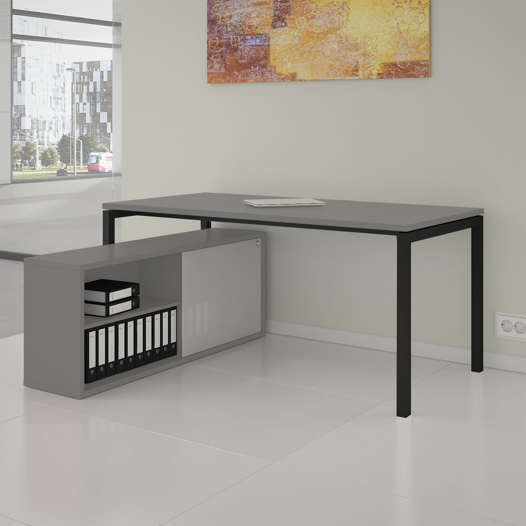 NOVA U Chefschreibtisch mit Lowboard | 2000 x 1382 mm, Cubanitgrau - 1 Main Image
