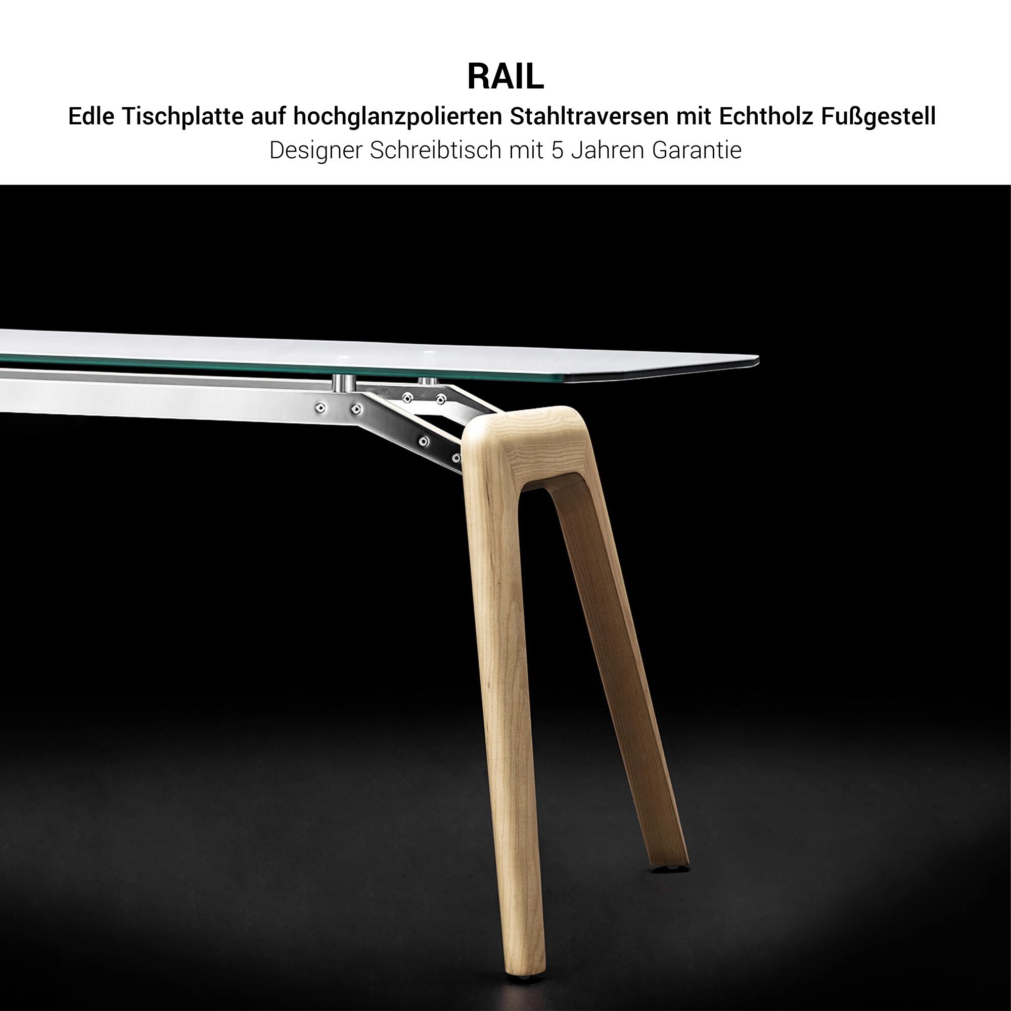 BRALCO RAIL desk | 1800 - 2400mm | Glass table top, solid oak wood frame - 5 Main Image