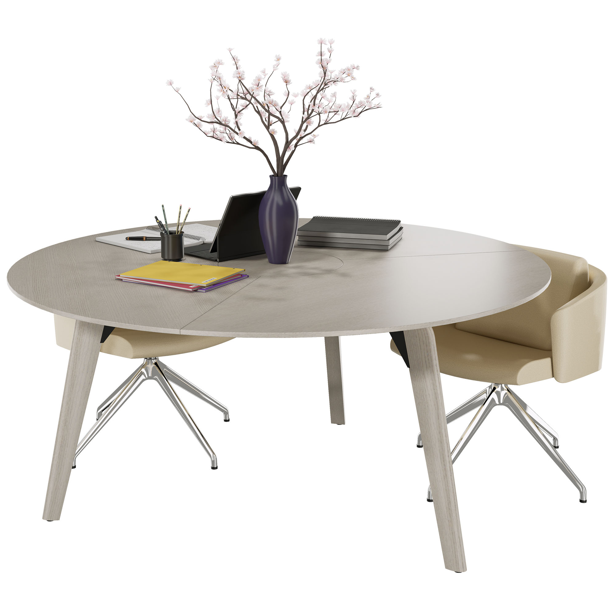 BRALCO RAIL meeting table | Round, 1200 - 1600 mm (4 - 6 people), real wood, light gray oak - 4 Main Image