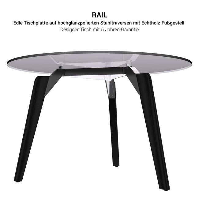 BRALCO RAIL Besprechungstisch | Rund, 1200 - 1600 mm (4 - 6 Personen), Glas-Tischplatte, Eiche-Massivholz-Gestell