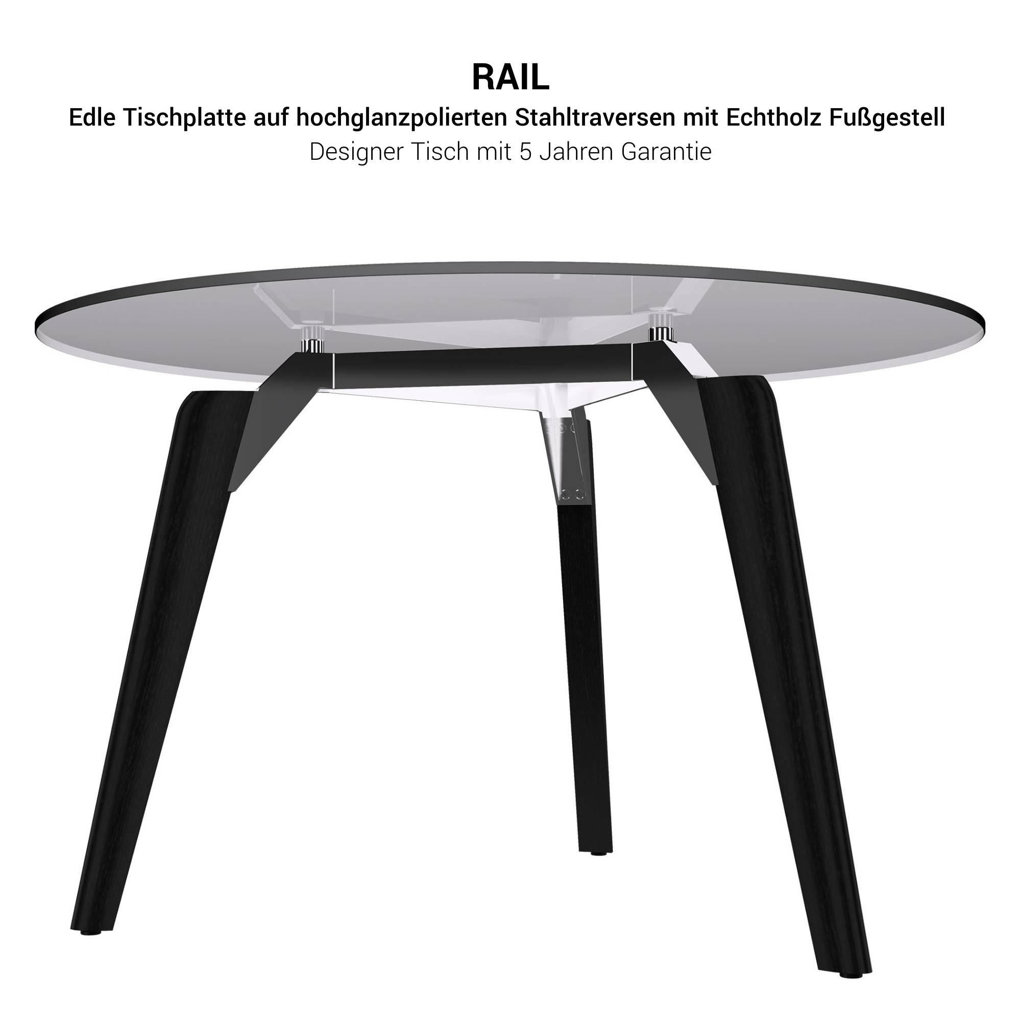 BRALCO RAIL meeting table | Round, 1200 - 1600 mm (4 - 6 people), gray tinted glass table top, solid oak wood frame - 7 Main Image