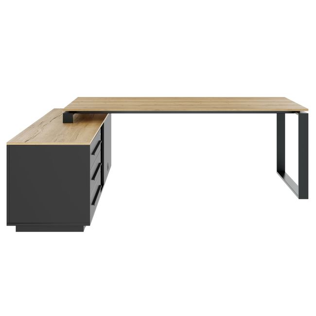 ART Chefschreibtisch | 2240 x 1800 mm, Integriertes Lowboard, Wildeiche-Dunkelgrau ART Chefschreibtisch | 2240 x 1800 mm, Integriertes Lowboard, Wildeiche-Dunkelgrau