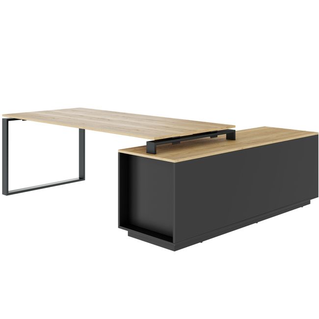 ART Chefschreibtisch | 2240 x 1800 mm, Integriertes Lowboard, Wildeiche-Dunkelgrau ART Chefschreibtisch | 2240 x 1800 mm, Integriertes Lowboard, Wildeiche-Dunkelgrau