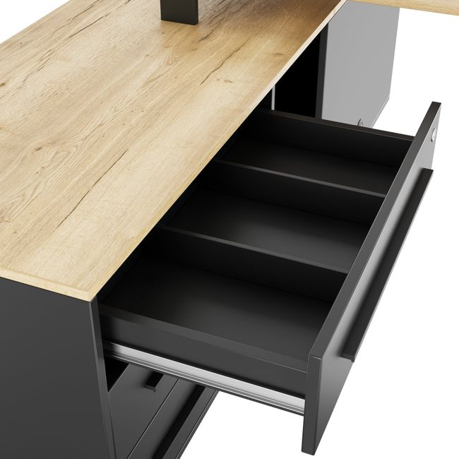 ART Chefschreibtisch | 2240 x 1800 mm, Integriertes Lowboard, Wildeiche-Dunkelgrau ART Chefschreibtisch | 2240 x 1800 mm, Integriertes Lowboard, Wildeiche-Dunkelgrau