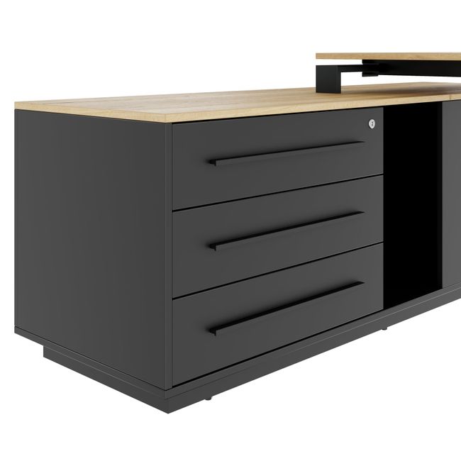 ART Chefschreibtisch | 2240 x 1800 mm, Integriertes Lowboard, Wildeiche-Dunkelgrau ART Chefschreibtisch | 2240 x 1800 mm, Integriertes Lowboard, Wildeiche-Dunkelgrau