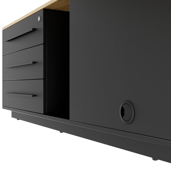 ART Chefschreibtisch | 2240 x 1800 mm, Integriertes Lowboard, Wildeiche-Dunkelgrau ART Chefschreibtisch | 2240 x 1800 mm, Integriertes Lowboard, Wildeiche-Dunkelgrau