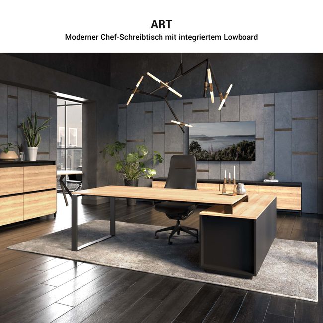 ART Chefschreibtisch | 2240 x 1800 mm, Integriertes Lowboard, Wildeiche-Dunkelgrau ART Chefschreibtisch | 2240 x 1800 mm, Integriertes Lowboard, Wildeiche-Dunkelgrau