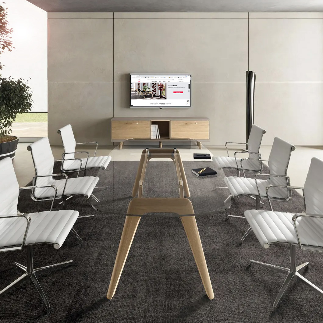 BRALCO RAIL meeting table | Boat shape, 2400 x 1200 x 750 mm (8 people) | gray tinted glass table top - 10 Main Image