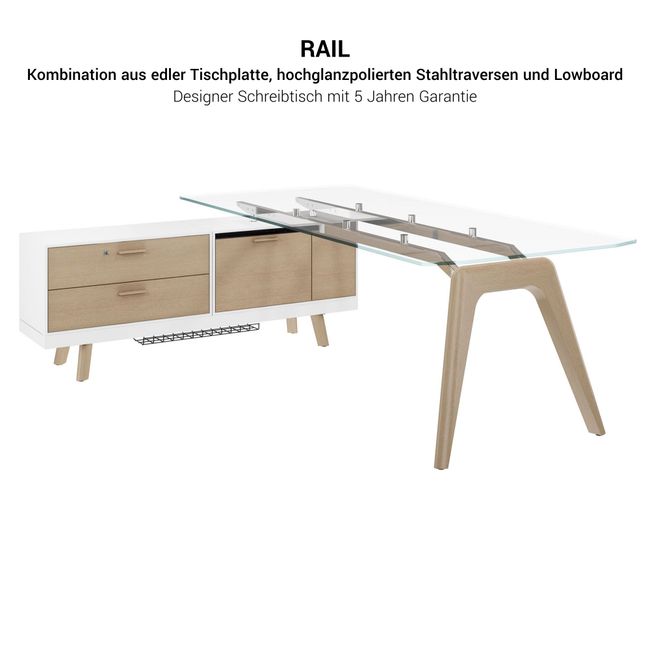BRALCO RAIL Schreibtisch | 1800 - 2400 mm, integriertes Lowboard, Glas-Tischplatte BRALCO RAIL Schreibtisch | 1800 - 2400 mm, integriertes Lowboard, Glas-Tischplatte