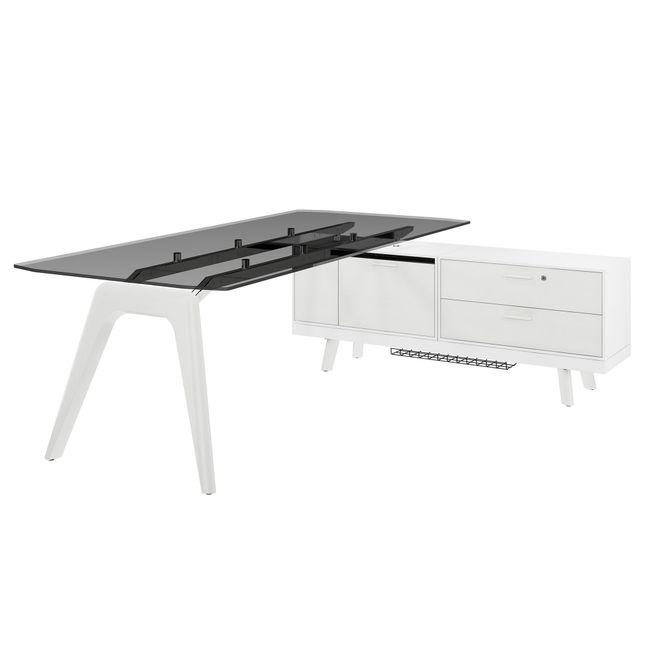 BRALCO RAIL Schreibtisch | 1800 - 2400 mm, integriertes Lowboard, grau getönte Glas-Tischplatte