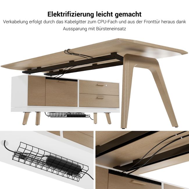 BRALCO RAIL Schreibtisch | 1800 - 2400 mm, integriertes Lowboard, grau getönte Glas-Tischplatte