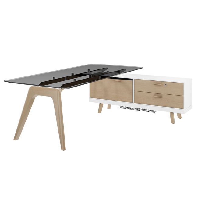 BRALCO RAIL Schreibtisch | 1800 - 2400 mm, integriertes Lowboard, grau getönte Glas-Tischplatte