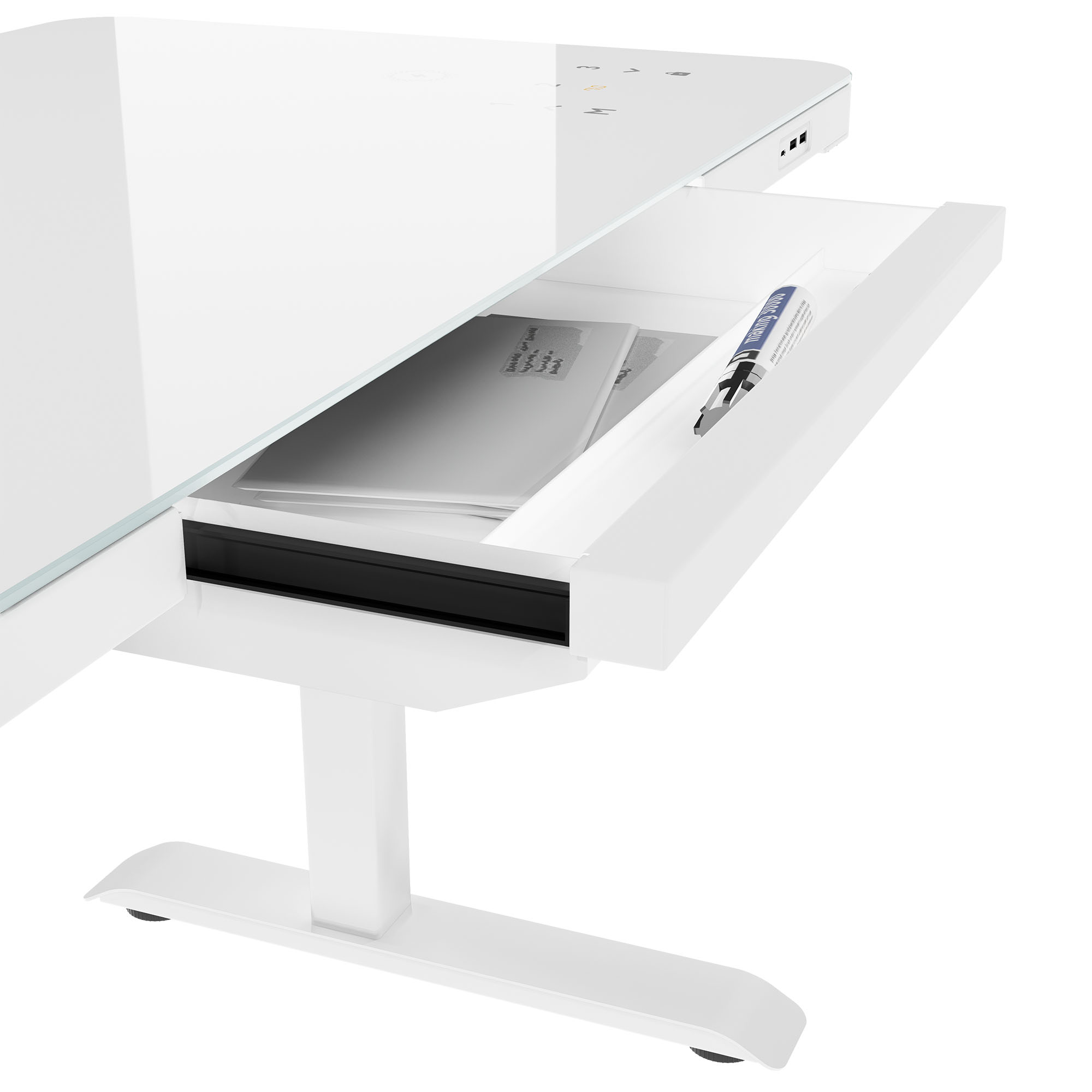 STATION Schreibtisch | 1150 x 590 mm, elektrisch höhenverstellbar, induktives Ladegerät, Glastischplatte, Weiß - 6 Main Image