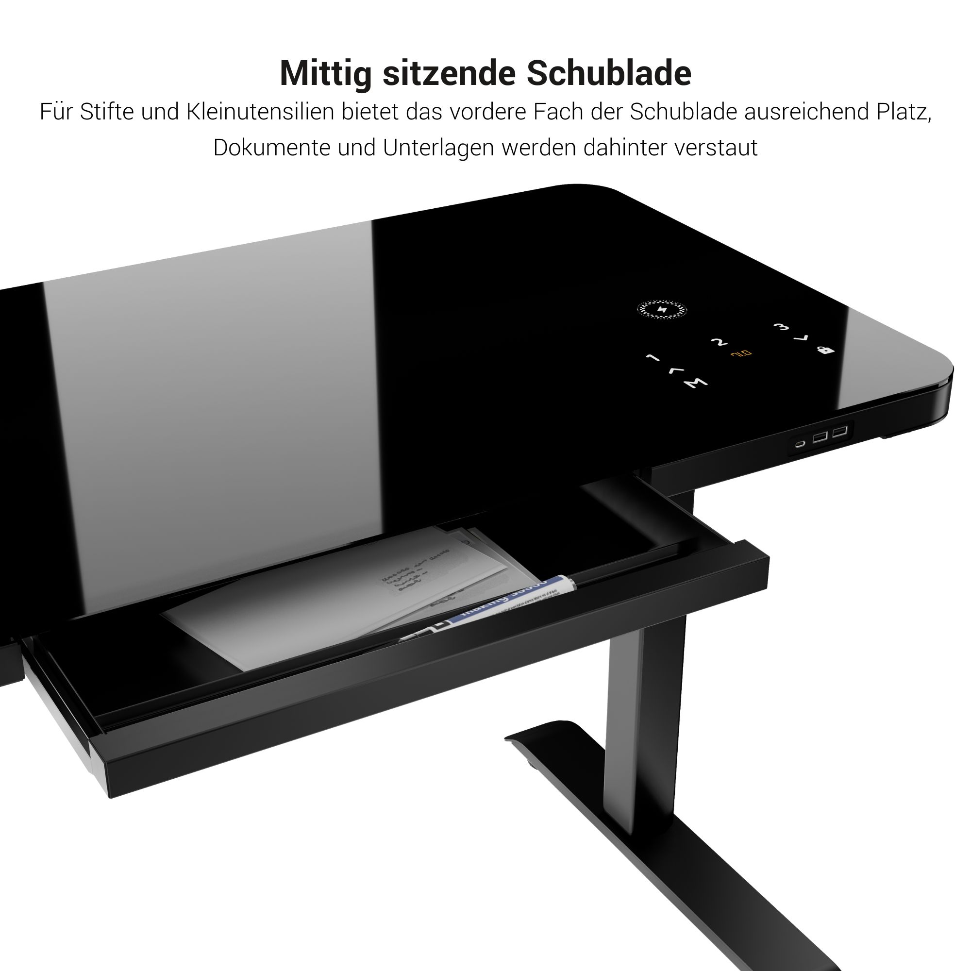 Bureau de station | 1150 x 590 mm, réglable à hauteur électrique, chargeur inductif, plaque de table en verre, noir - 11 Main Image