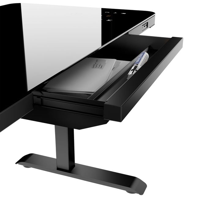 STATION Schreibtisch | 1150 x 590 mm, elektrisch höhenverstellbar, induktives Ladegerät, Glastischplatte, Schwarz