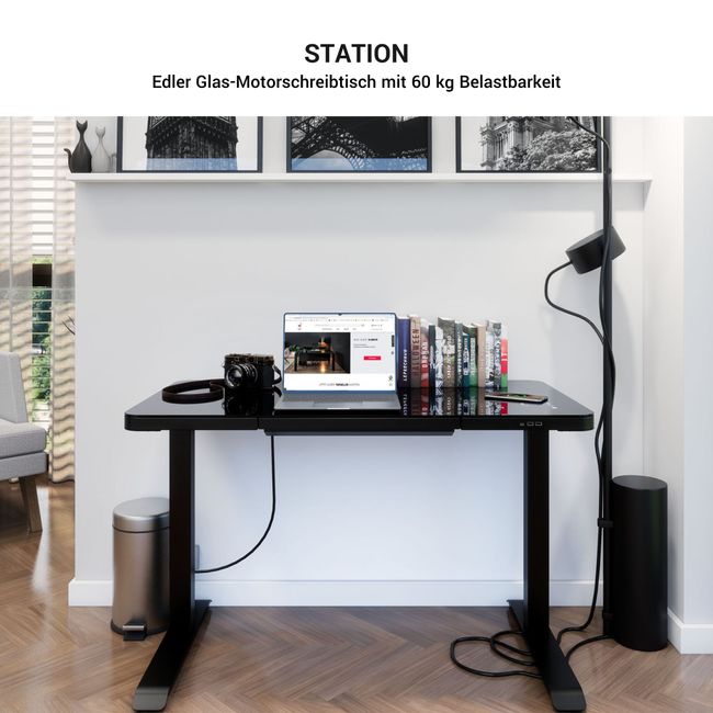 STATION Schreibtisch | 1150 x 590 mm, elektrisch höhenverstellbar, induktives Ladegerät, Glastischplatte, Schwarz