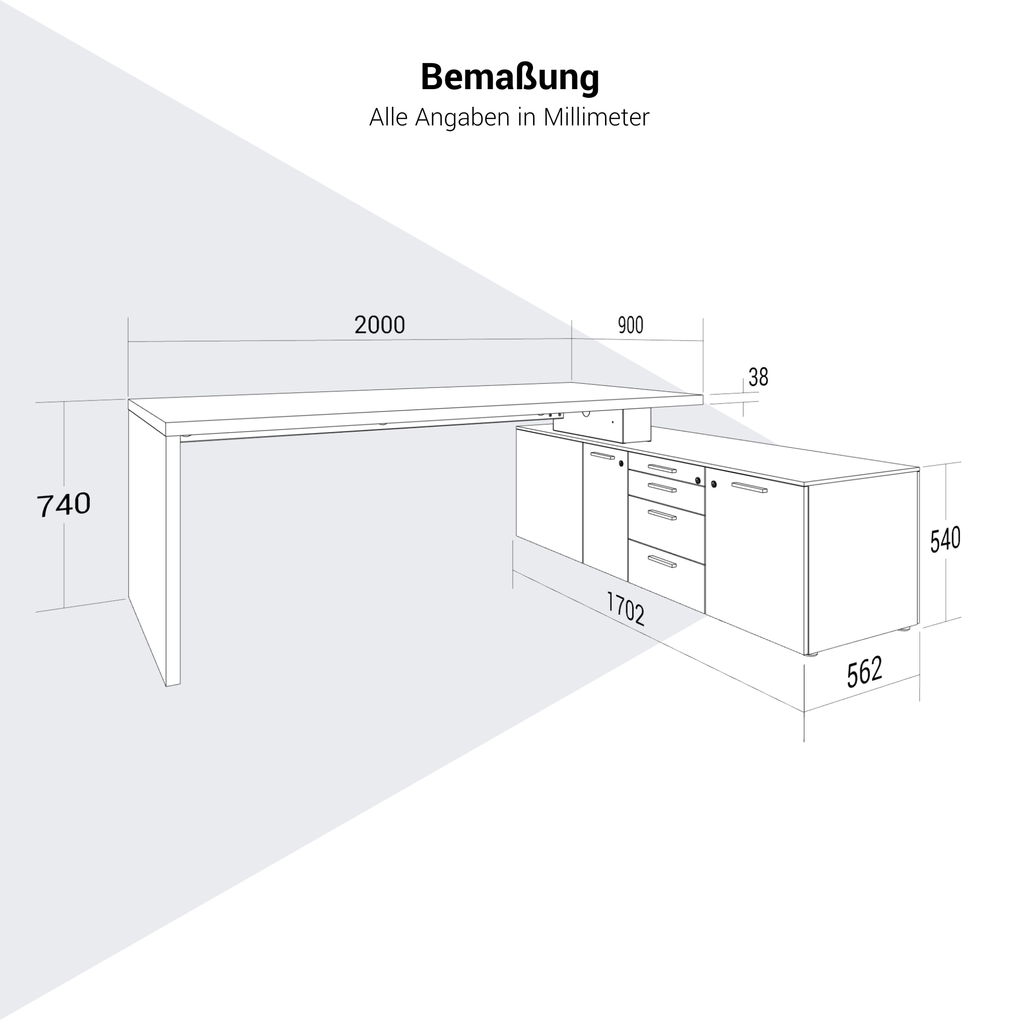 Bralco SILE Bureau avec basse-planche | 2300 x 1700 mm, chêne - 8 Main Image