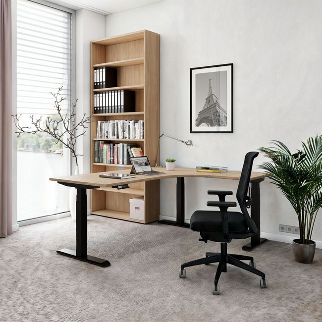 TELDRA Pro, 3-Motoren-Winkelschreibtisch | 1800 x 1600 mm, elektrisch höhenverstellbar, Bernsteineiche