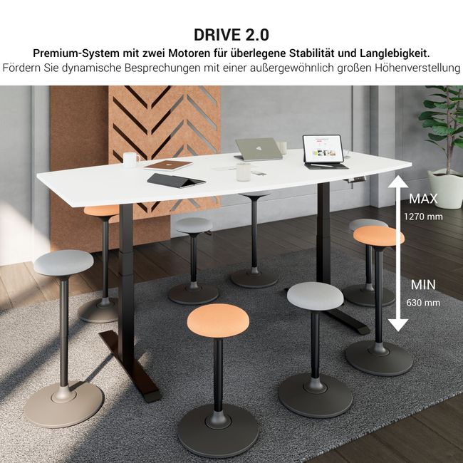 DRIVE 2-Motoren-Konferenztisch | Bootsform, 1800 - 2400 mm (6 - 10 Personen), elektrisch höhenverstellbar, Kabelklappe optional, Weiß