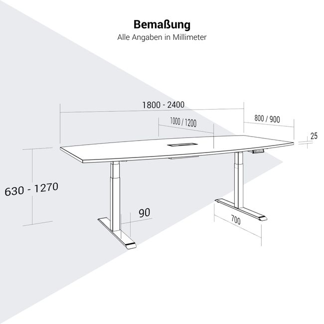 DRIVE 2-Motoren-Konferenztisch | Bootsform, 1800 - 2400 mm (6 - 10 Personen), elektrisch höhenverstellbar, Kabelklappe optional, Anthrazit