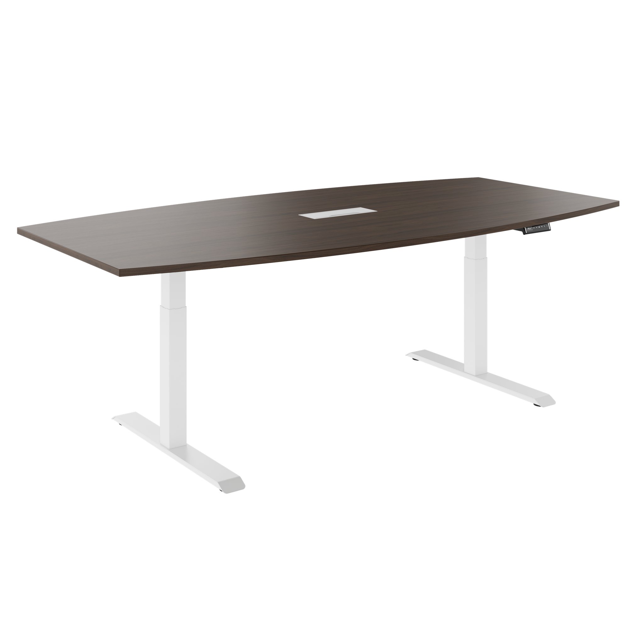DRIVE 2 motor conference table | Boat shape, 1800 - 2400 mm (6 - 10 people), electrically height adjustable, cable flap optional, walnut - 1 Main Image