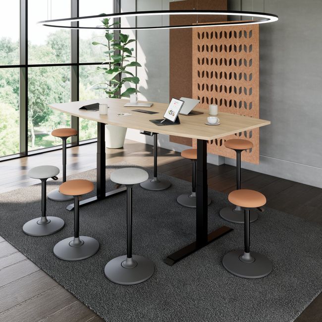 DRIVE 2-Motoren-Konferenztisch | Bootsform, 1800 - 2400 mm (6 - 10 Personen), elektrisch höhenverstellbar, Kabelklappe optional, Bernsteineiche